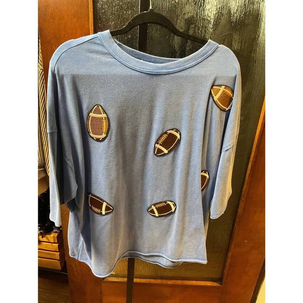 NEW SEWN AND SEEN women's royal football patch tee in dusty blue